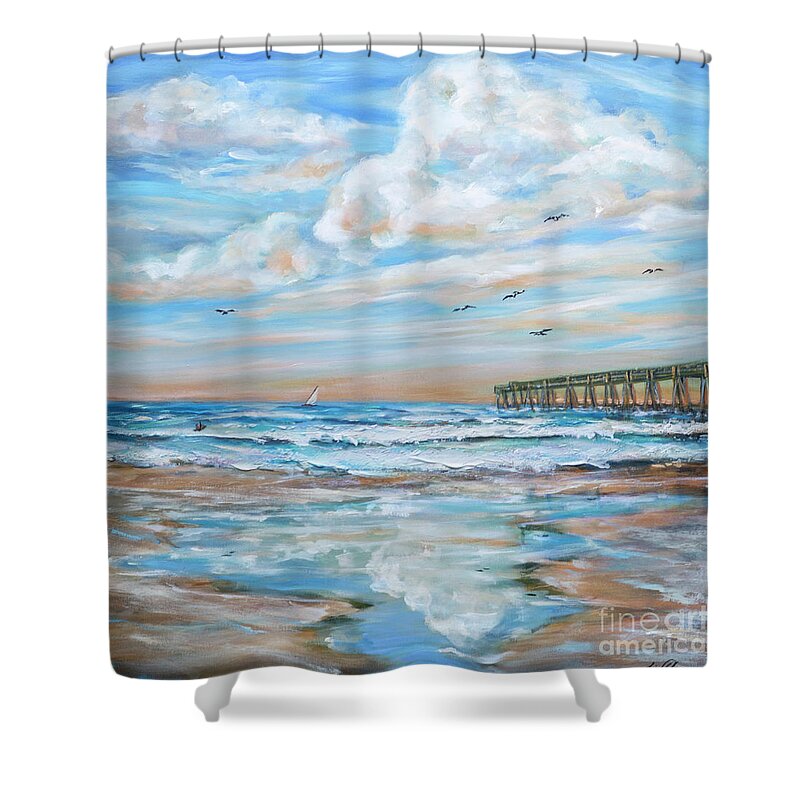 #waves Shower Curtain featuring the painting JB Pier by Linda Olsen