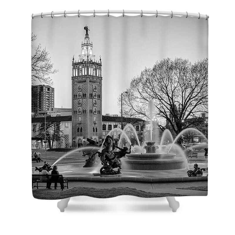 America Shower Curtain featuring the photograph J.C. Nichols Memorial Fountain in the Plaza - Kansas City BW Square Format by Gregory Ballos
