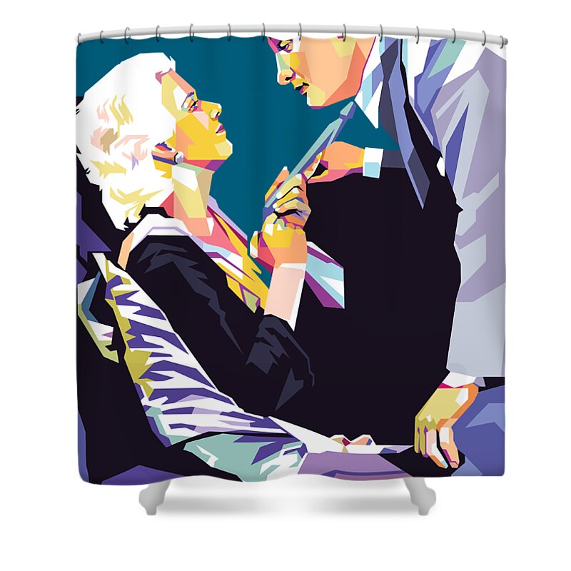 Jean Shower Curtain featuring the mixed media Jean Harlow and Robert Williams by Movie World Posters