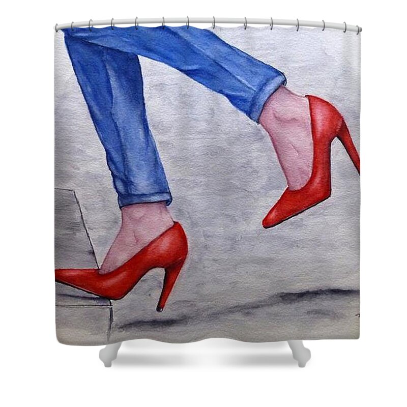 Jeans Shower Curtain featuring the painting Jeans and Red Heels by Kelly Mills