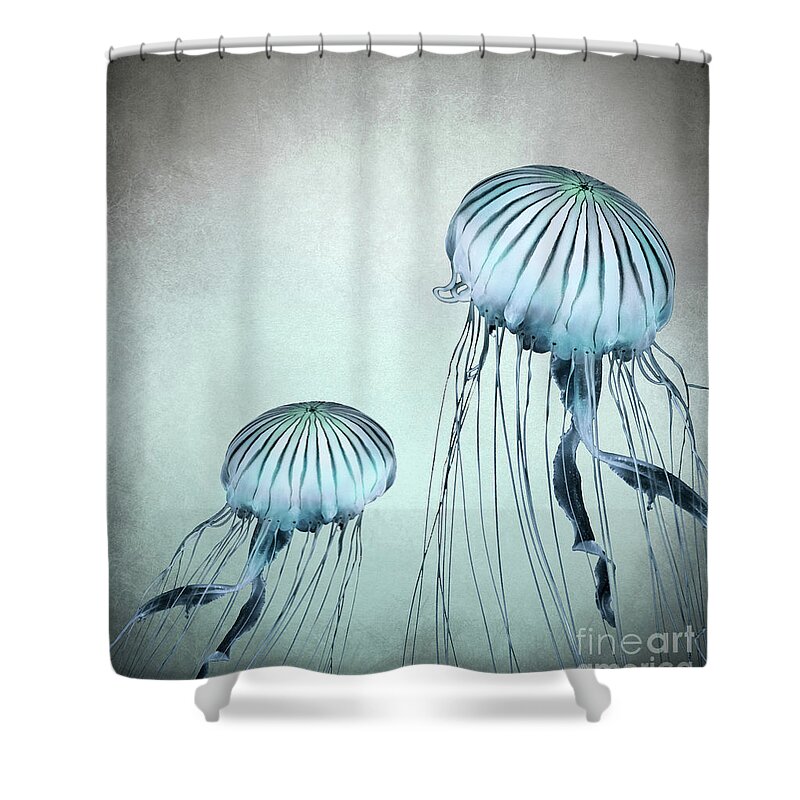 Jellyfish Shower Curtain featuring the mixed media Jellyfish Dance by Lucie Dumas