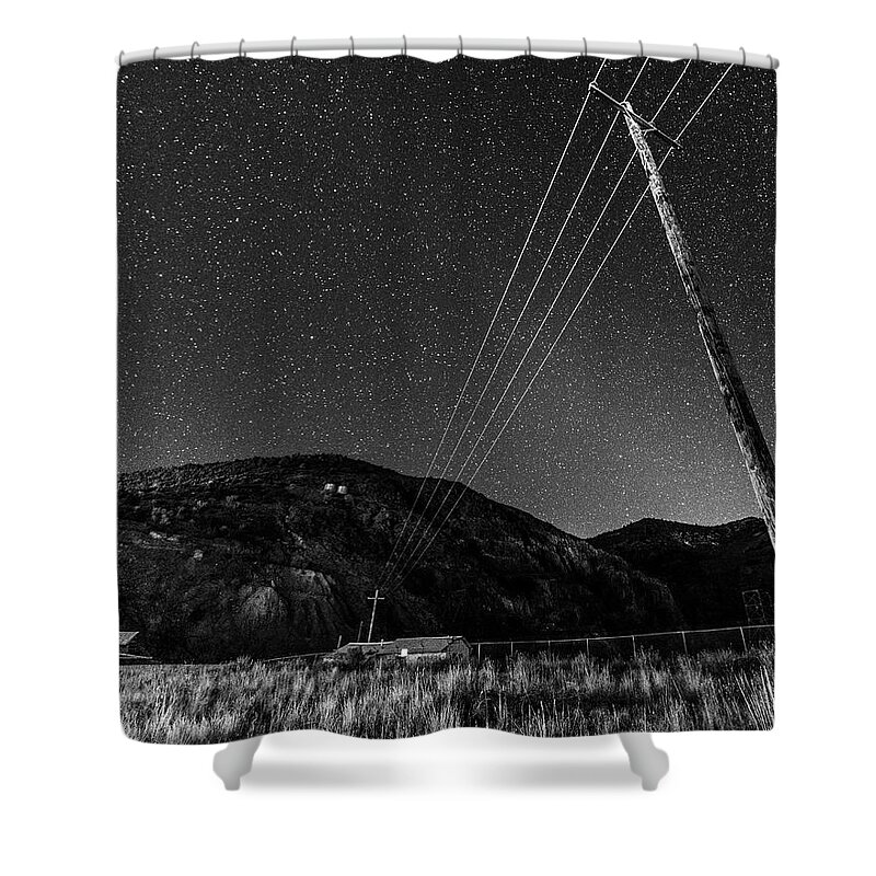 Jerome Shower Curtain featuring the photograph Jerome Arizona Ghost Town Starry Skies Mining Town Black and White by Toby McGuire