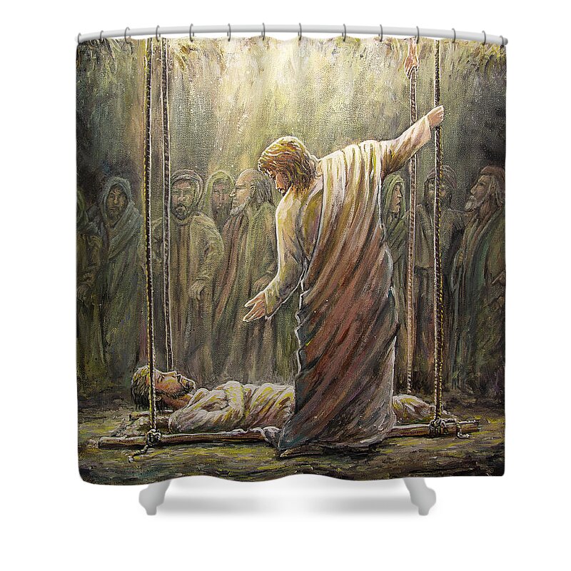Jesus Shower Curtain featuring the painting Jesus Heals a Paralyzed Man by Aaron Spong