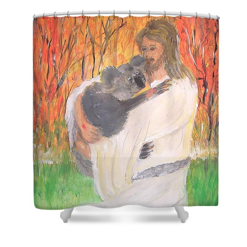 Jesus Christ Shower Curtain featuring the painting Jesus Holding a Koala Bear by Karen Jane Jones