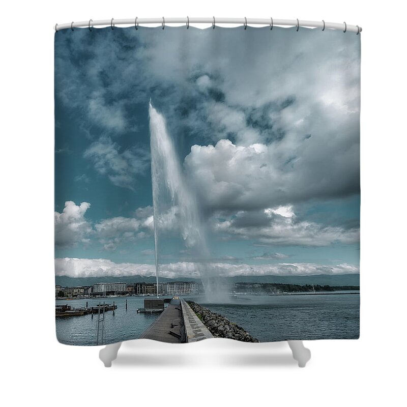 Geneva Shower Curtain featuring the photograph Jet d'Eau Dance with the Clouds by Benoit Bruchez