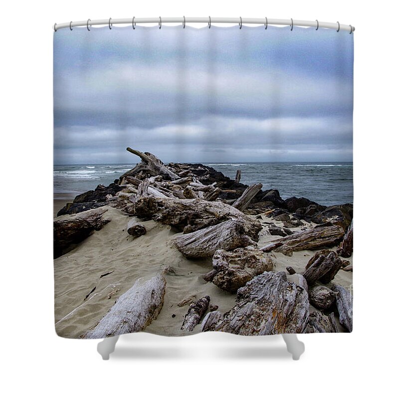 Oregon Shower Curtain featuring the photograph Jetty on the North end of Rockaway Beach Oregon by Jeff Swan