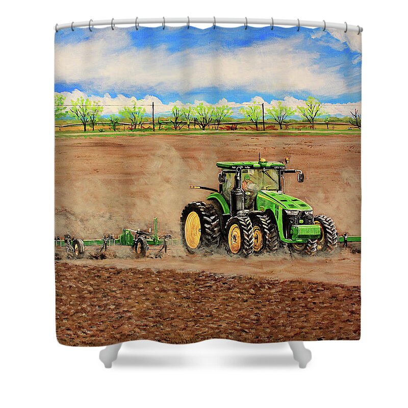 Farming Shower Curtain featuring the painting John Deere 8345R Tractor Pulling a Cultivator by Karl Wagner