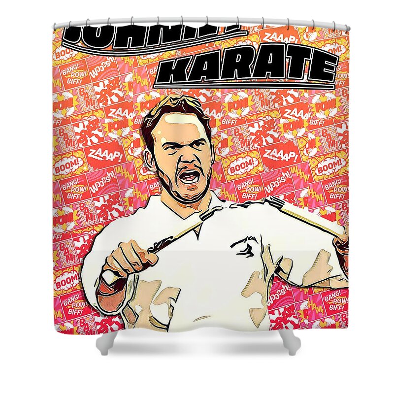 Pawnee Shower Curtain featuring the digital art Johnny Karate Comic Poster by Christina Rick