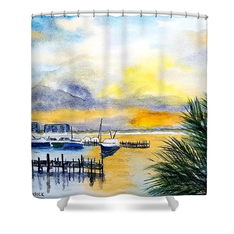 Sunset Shower Curtain featuring the painting Jo's Marina by Ann Frederick