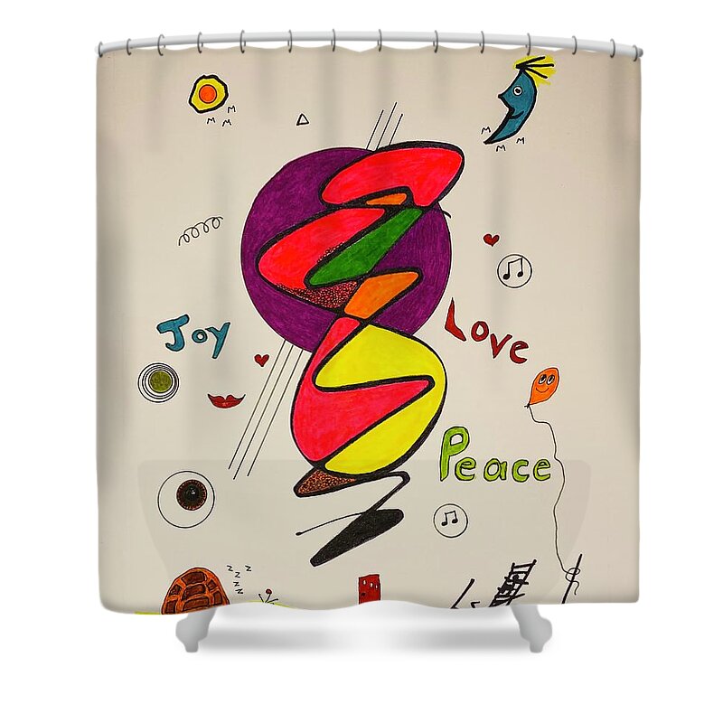  Shower Curtain featuring the mixed media Joy Love Peace 1114 by Lew Hagood