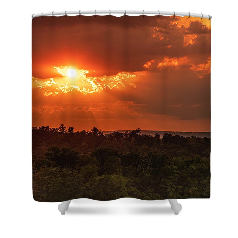 Sunset Shower Curtain featuring the photograph June Sunset Over the Forest by Jason Fink