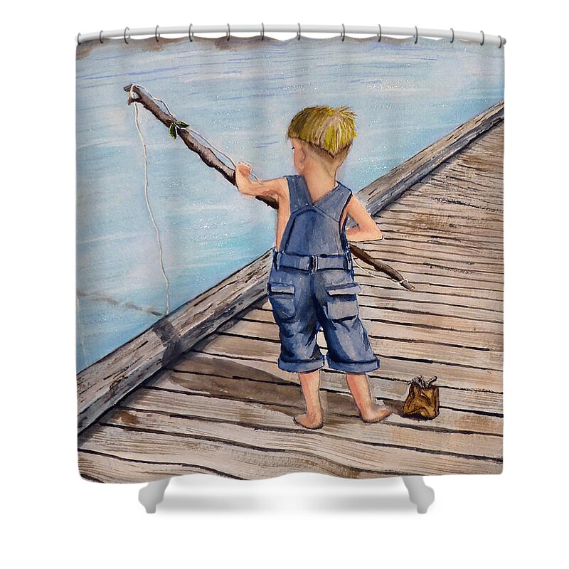 Fishing Shower Curtain featuring the painting Juniors Fishing Pole by Kelly Mills