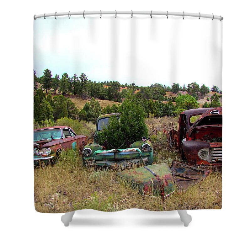 Old Rusty Pickups Shower Curtain featuring the photograph Junkyard Series Rusty Pickups by Cathy Anderson