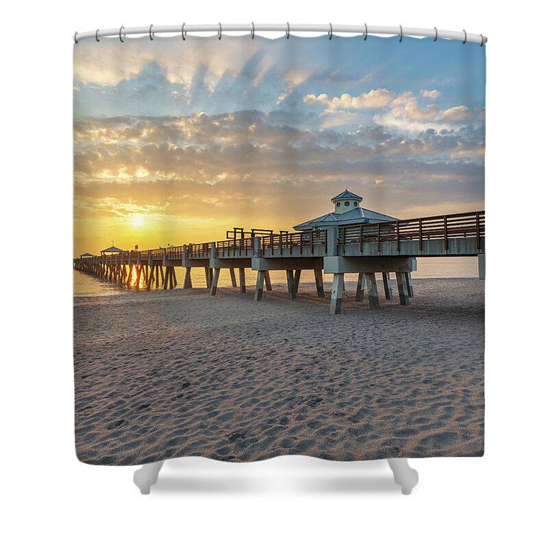 Juno Beach Pier Shower Curtain featuring the photograph Juno Beach Pier Sunrise from Beach by Kim Seng