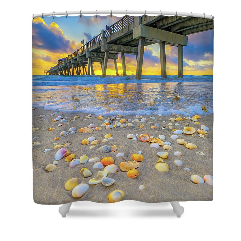 Juno Beach Pier Shower Curtain featuring the photograph Juno Beach Pier Sunrise Shells at Atlantic Ocean by Kim Seng