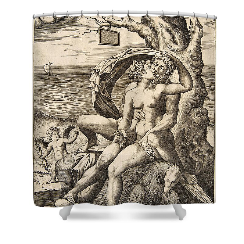 Marco Dente Shower Curtain featuring the drawing Jupiter and Semele embracing by Marco Dente