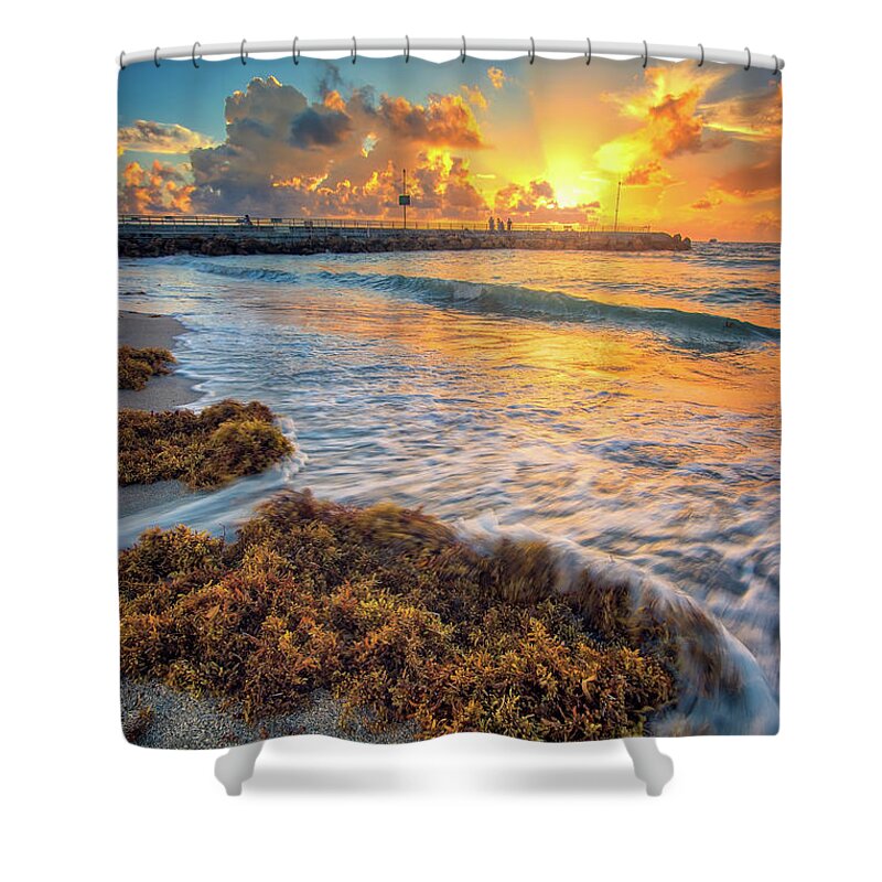 Aurora Hdr Shower Curtain featuring the photograph Jupiter Inlet Seaweed Sunrise Over Jetty by Kim Seng