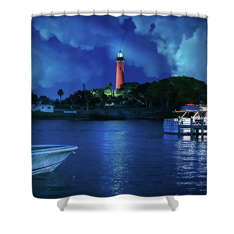 Jupiter Lighthouse Shower Curtain featuring the photograph Jupiter Lighthouse Night by Laura Fasulo