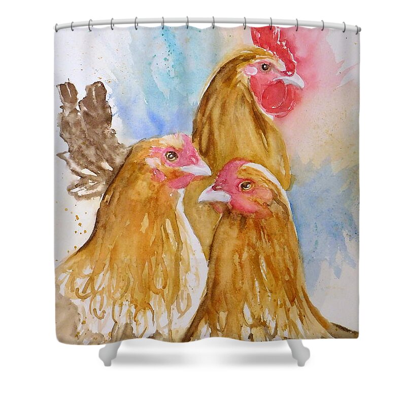 Hens And Rooster Shower Curtain featuring the painting Just the Three of Us by Anna Jacke