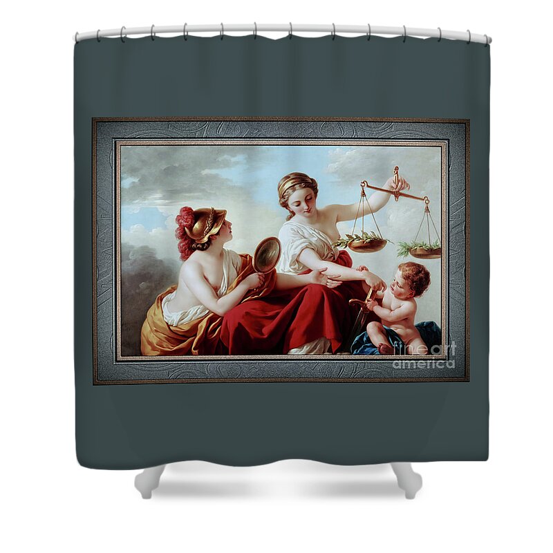 Justice Disarmed By Innocence And Applauded By Prudence Shower Curtain featuring the painting Justice Disarmed by Innocence by Louis Lagrenee Remastered Xzendor7 Reproductions by Rolando Burbon