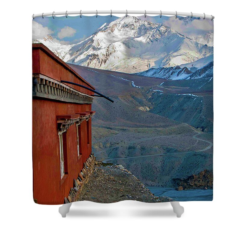 Himalayas Shower Curtain featuring the photograph In the Shadow of the Greater Himalayas by Leslie Struxness