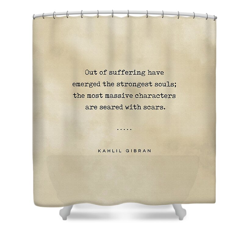Kahlil Gibran Quotes Shower Curtain featuring the mixed media Kahlil Gibran Quote 01 - Typewriter quote on Old Paper - Literary Poster - Book Lover Gifts by Studio Grafiikka