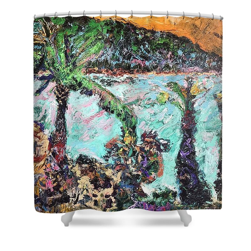 Mana Of Primitive Kahuna In The Surf And Surrounding Landscape Of Waialua Bay. Showing Ka’ena Point On North Shore Of Shower Curtain featuring the painting Kahuna Surf by Jeffrey Scrivo