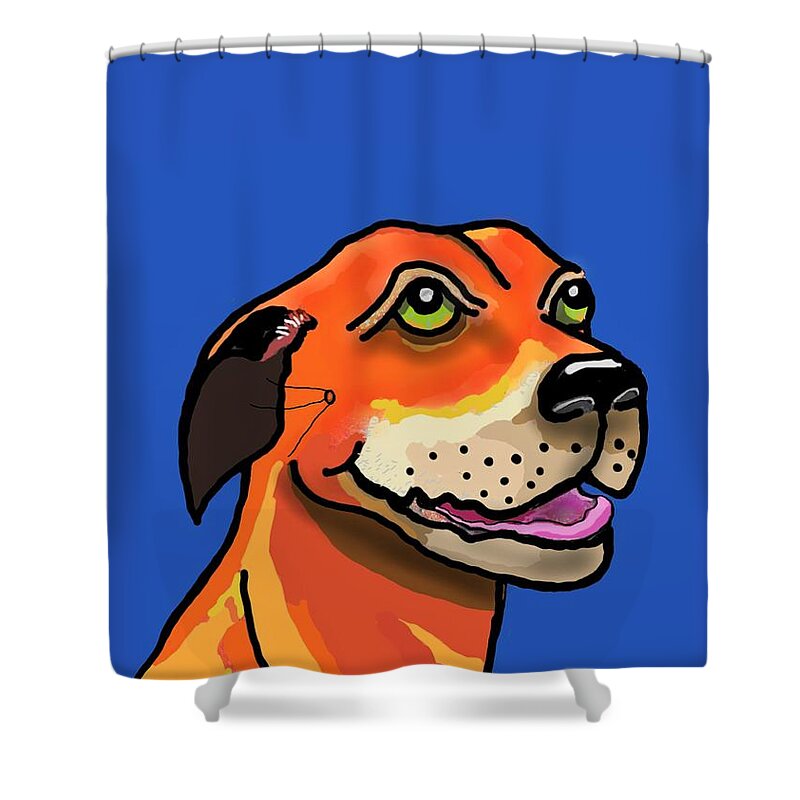 Portrait Shower Curtain featuring the drawing Kai with Blue Background by Joan Stratton