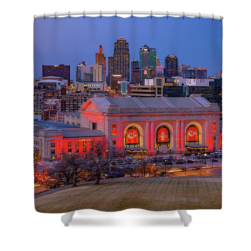 Kansas City Chiefs Shower Curtain featuring the photograph Kansas City Skyline of Champions by Gregory Ballos