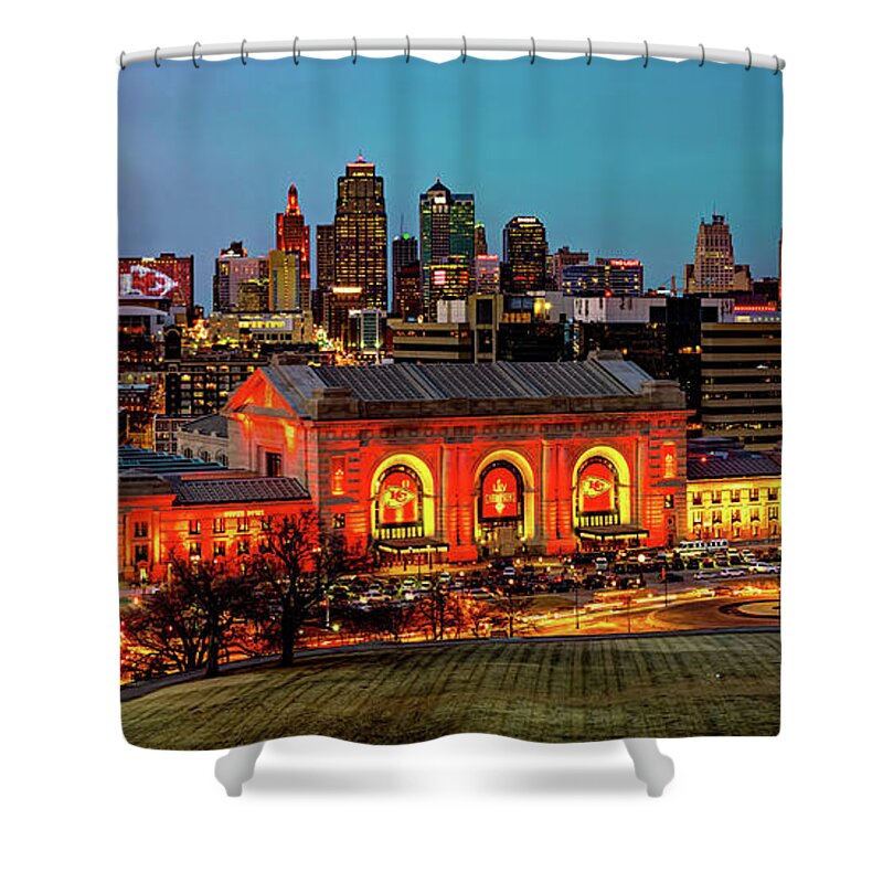 Kansas City Shower Curtain featuring the photograph Kansas City Football Kingdom Skyline Panorama by Gregory Ballos