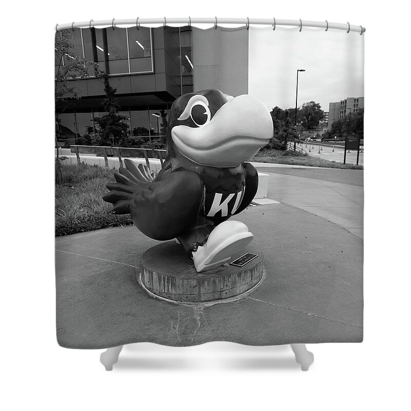 Kansas Jayhawks Shower Curtain featuring the photograph Kansas Jayhawks statue in black and white by Eldon McGraw
