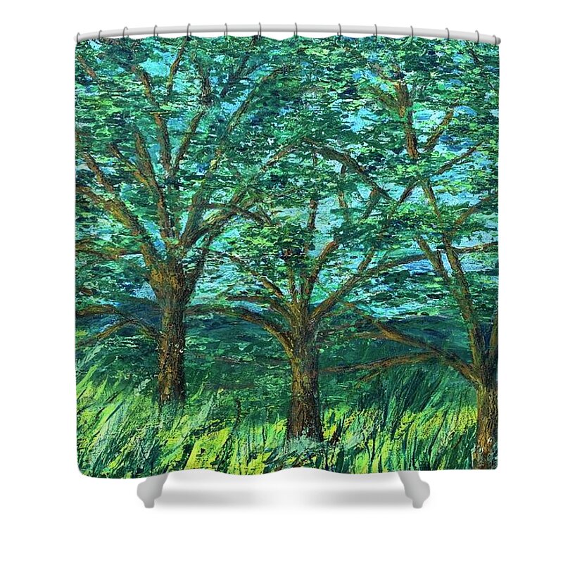Landscape Shower Curtain featuring the painting Kauai Trees by Raji Musinipally