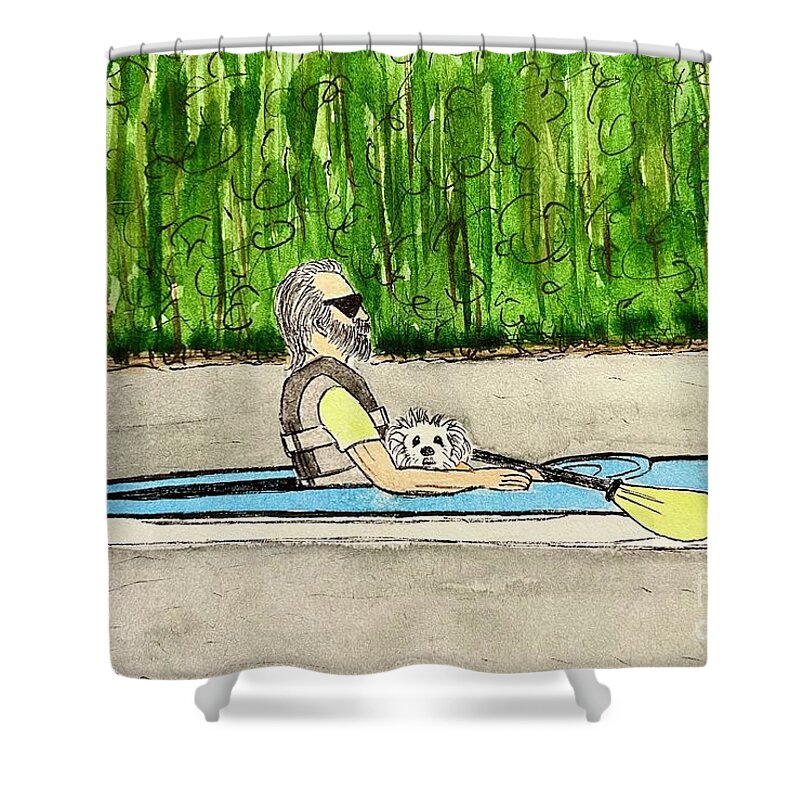 Kayaking Shower Curtain featuring the painting Kayaking with Tootsie by Donna Mibus