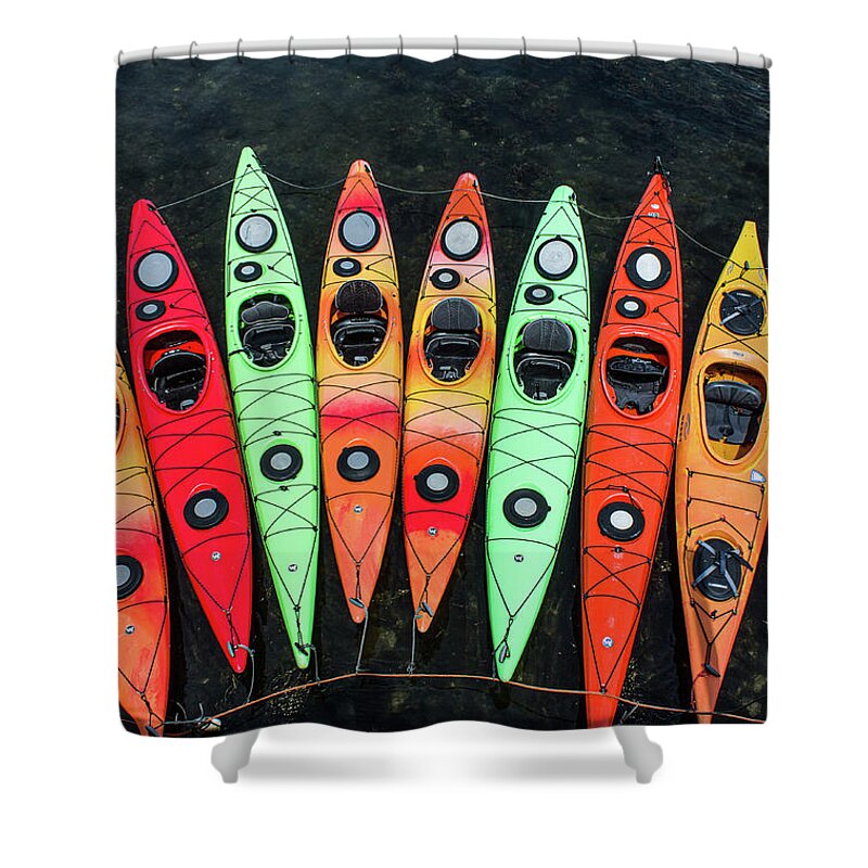 Kayaks Shower Curtain featuring the photograph Kayaks on Rockport Harbor MA by Michael Saunders