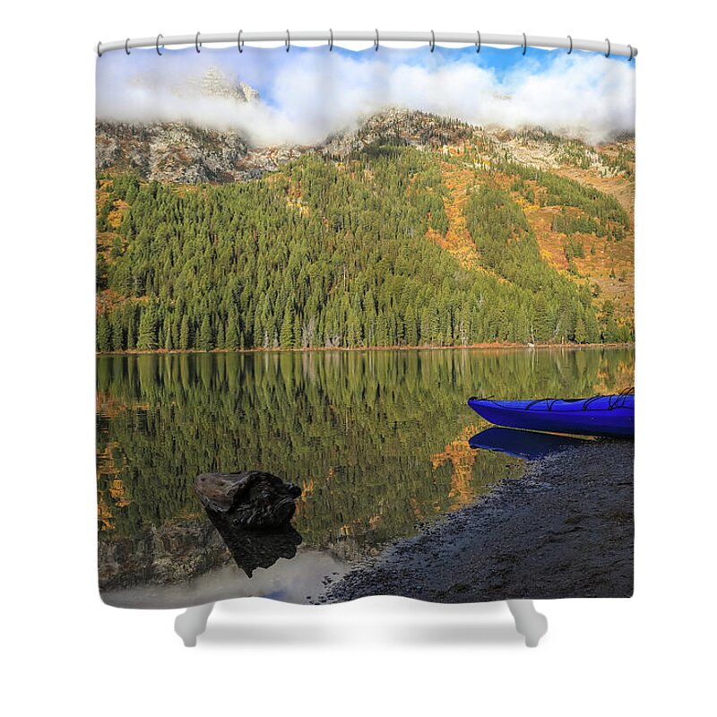 Kayaks On String Lake Shower Curtain featuring the photograph Kayaks On String Lake by Dan Sproul
