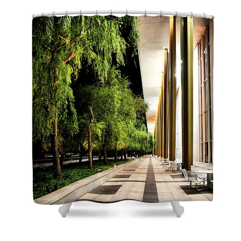 Night Shower Curtain featuring the photograph Kennedy Center Nightscape - The River Terrace Promenade by Steve Ember