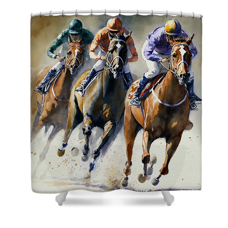 Horse Race Shower Curtain featuring the painting Kentucky Derby by Kai Saarto