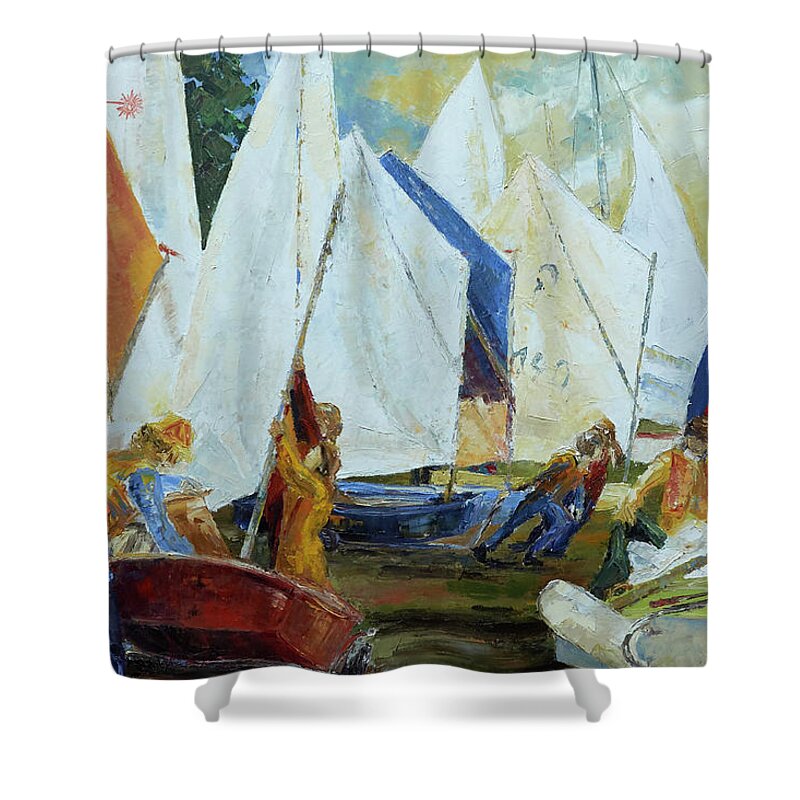 Optimist Shower Curtain featuring the painting Kids Rigging Their Boats For Sail Training by Barbara Pommerenke