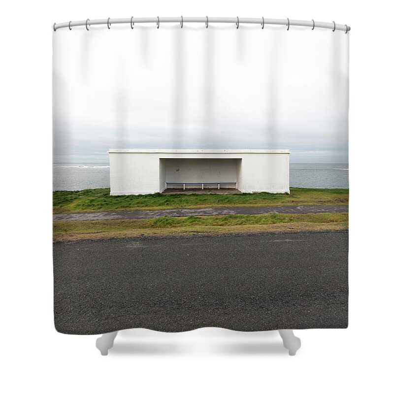 New Topographics Shower Curtain featuring the photograph Kilkee Cliff Shelter by Stuart Allen