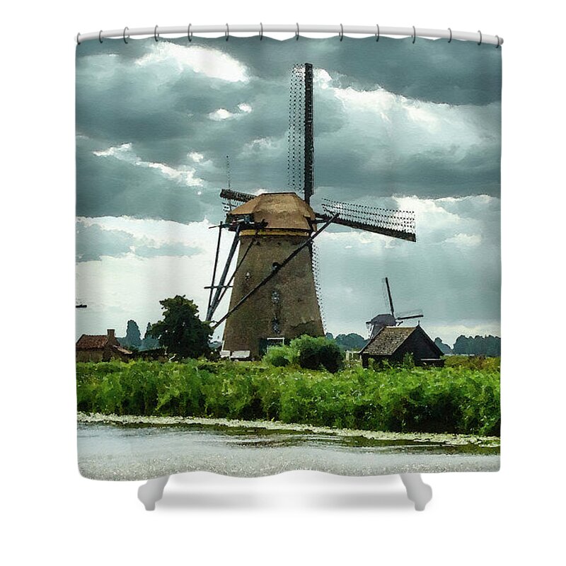 Kinderdijk Shower Curtain featuring the digital art Kinderdijk Windmills, Watercolor on Sandstone by Ron Long Ltd Photography