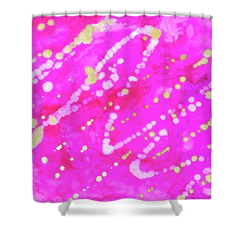 Abstract Shower Curtain featuring the photograph Kinetic Energy Pink White And Gold Abstract by Deborah League