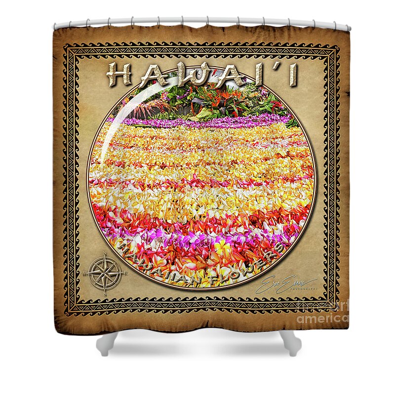Plumeria Shower Curtain featuring the photograph King Kamehameha Day Plumerias Sphere Image with Hawaiian Style Border by Aloha Art