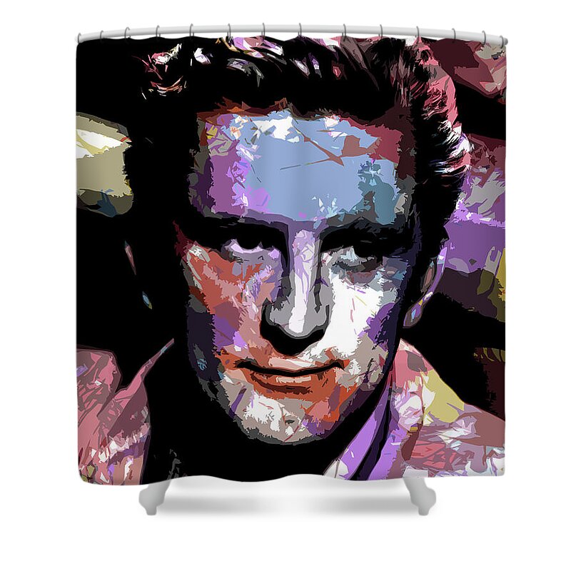 Kirk Douglas Shower Curtain featuring the digital art Kirk Douglas psychedelic portrait by Movie World Posters