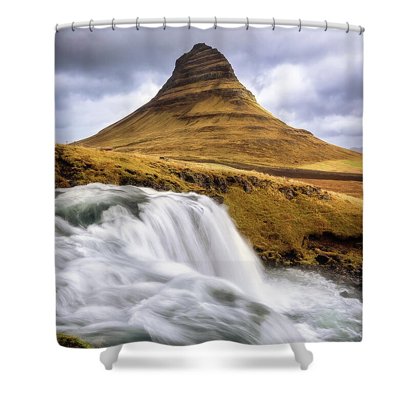 Kirkjufellfoss Shower Curtain featuring the photograph Kirkjufell mountain and Kirkjufellfoss waterfall, Snaefellsnes p by Jane Rix