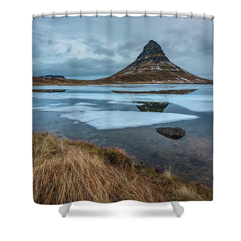 Amazing Shower Curtain featuring the photograph Kirkjufell mountain in West Iceland on a cold morning in February by Anges Van der Logt