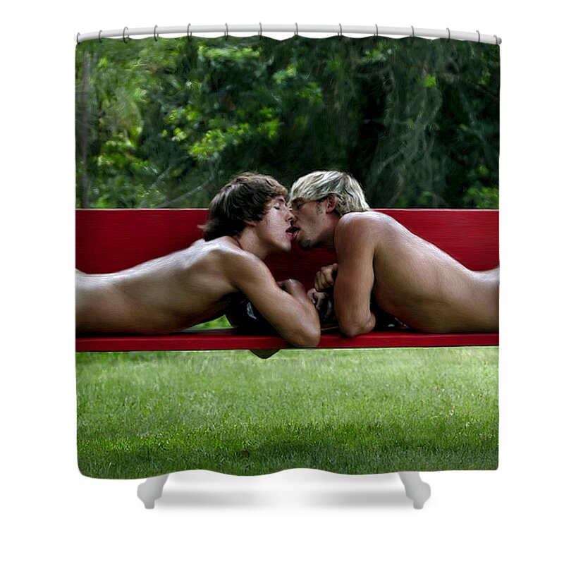 Gay Shower Curtain featuring the painting Kiss on a Bench by Troy Caperton