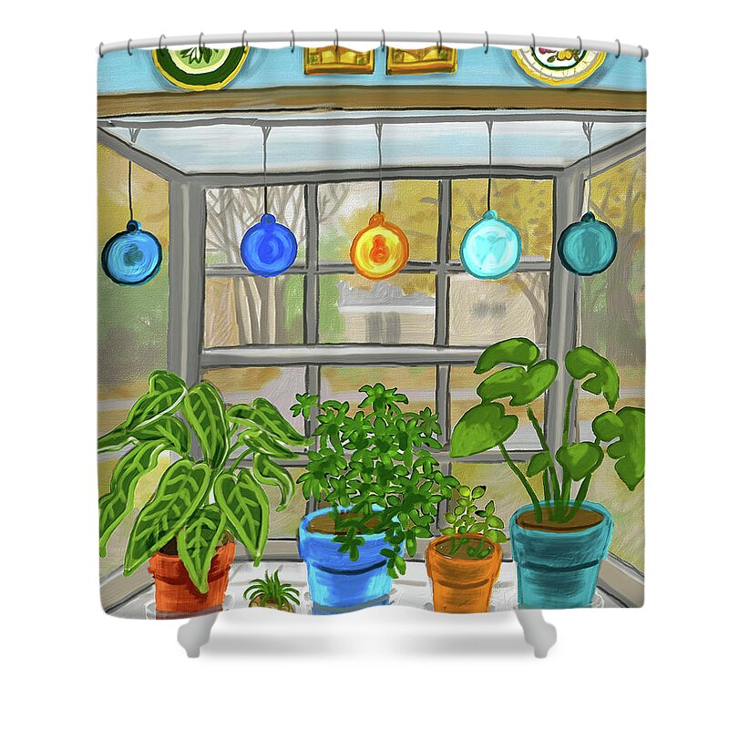 Still Life Shower Curtain featuring the painting Kitchen window, rainy day by Susan Spangler