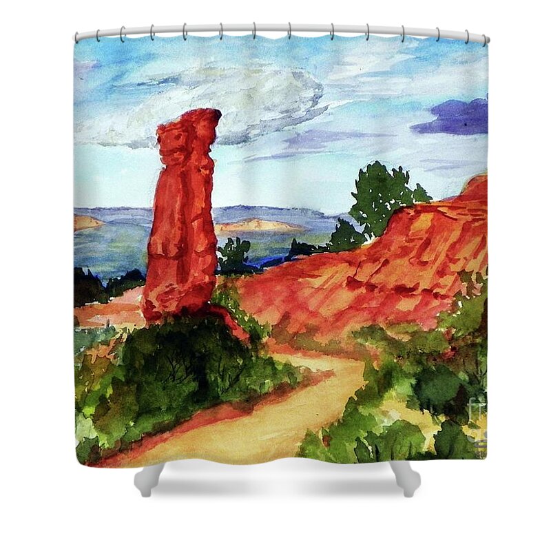Sherril Porter Shower Curtain featuring the painting Kodachrome Pinnacle and Trail by Sherril Porter