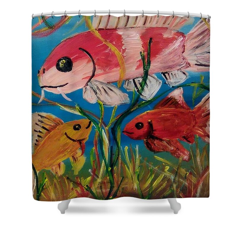 Fish Shower Curtain featuring the painting Koi and Goldfish Scene by Andrew Blitman
