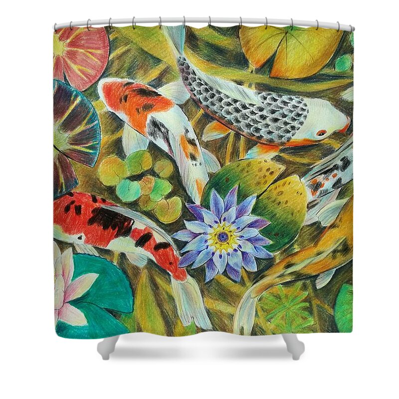 Koi fish swimming in a pond. Shower Curtain by Hanife Hassan O